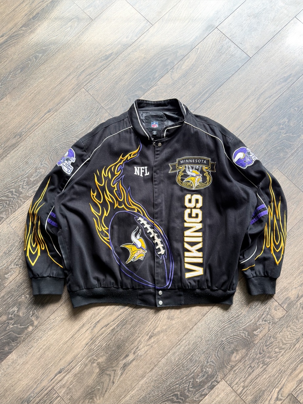 Minnesota Vikings Men’s 6XL NFL Bomber Jacket Black All Over Embroidered